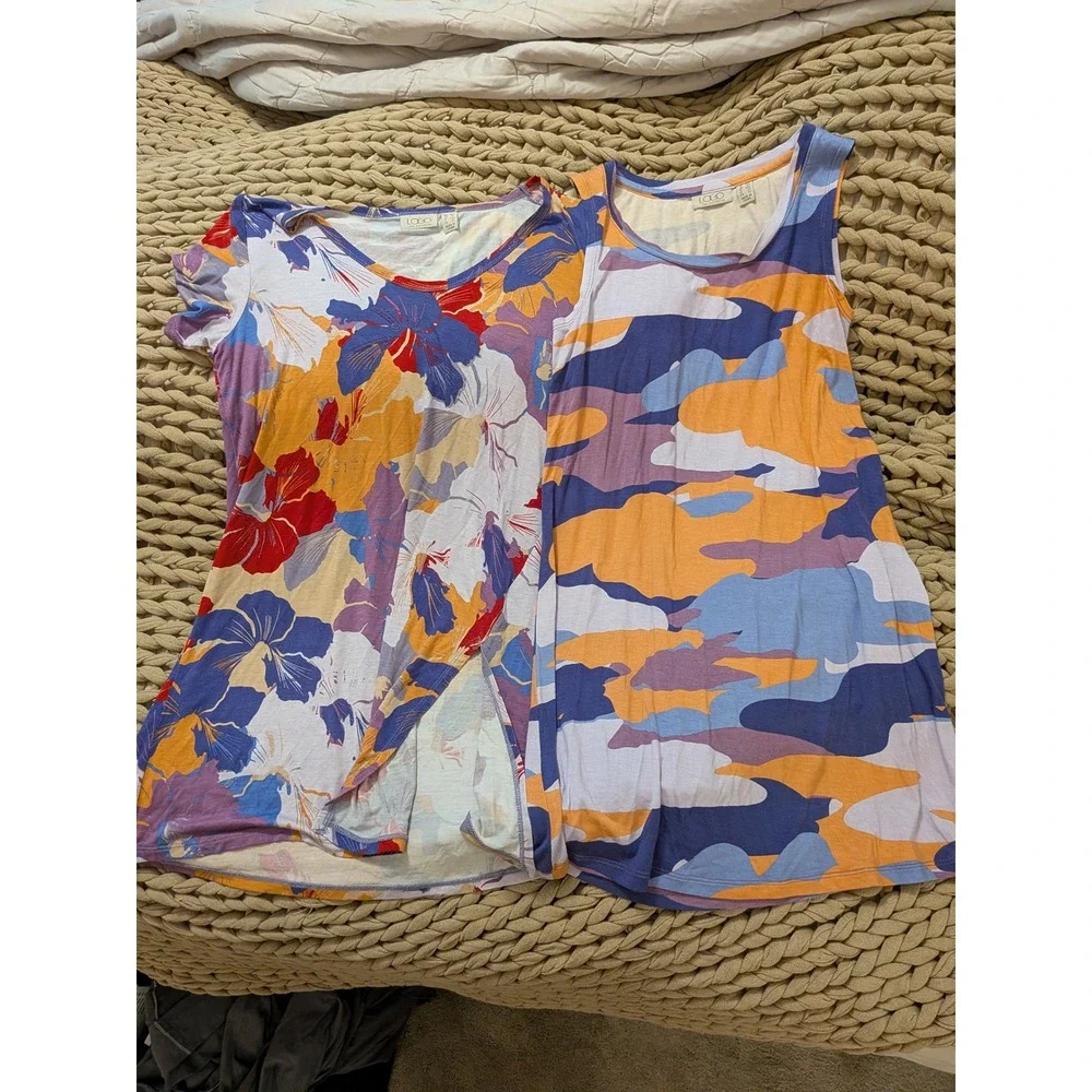 LOGO Lori Goldstein Womens XXS Top Lot 2 Floral Short Sleeve Camo Sleeveless